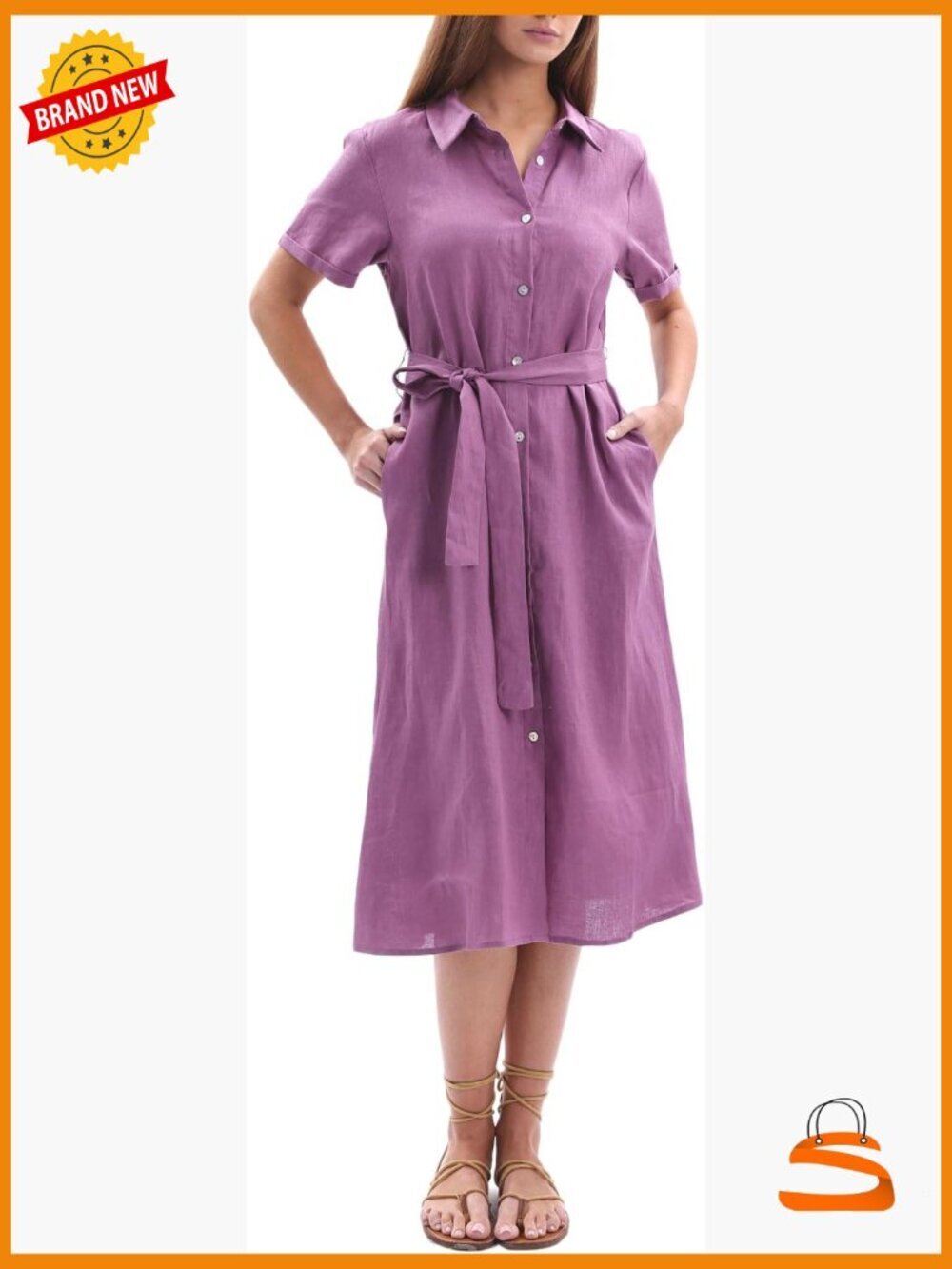 Women's 100% Linen Midi Shirt Dress - Button Down